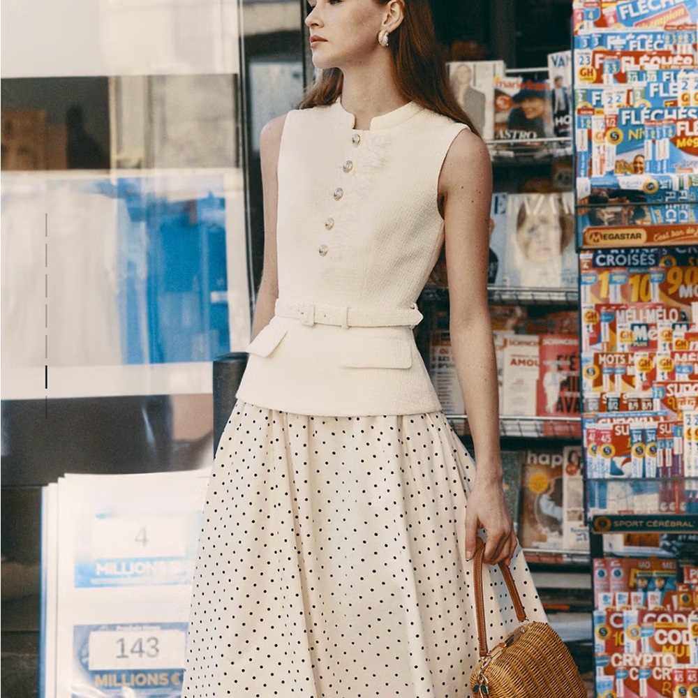 2026 Authentic self portrait CREAM BOUCLE POLKA DOT MIDI DRESS